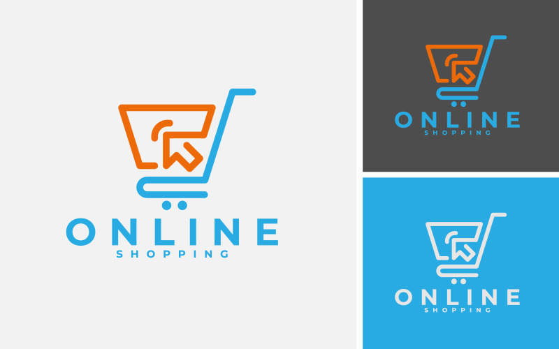 Design de logotipo de compras on-line com cursor do mouse e carrinho para Web de comércio eletrônico ou negócios.