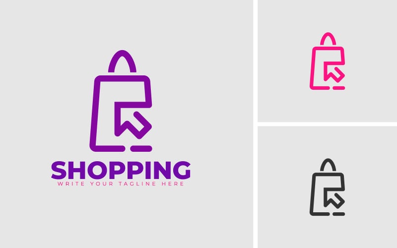 Modello di progettazione del logo per lo shopping online con la borsa della spesa per il Web o l'azienda di e-commerce.