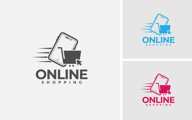 Online winkelen Logo ontwerp. Slimme telefoon en winkelwagen voor e-commerce web of bedrijf