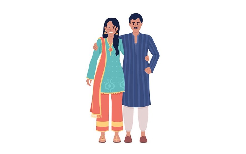 Casal feliz vestindo trajes étnicos indianos personagens vetoriais de cores semi planas