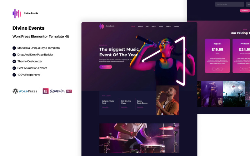 Divine Events — готовый к использованию набор шаблонов WordPress Elementor для музыкального мероприятия