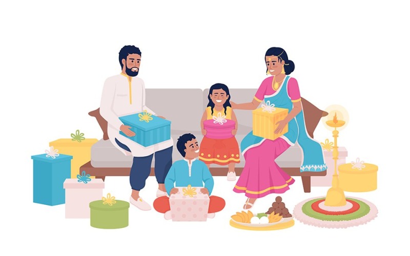 Família trocando presentes em caracteres vetoriais de cores semi planas de Diwali