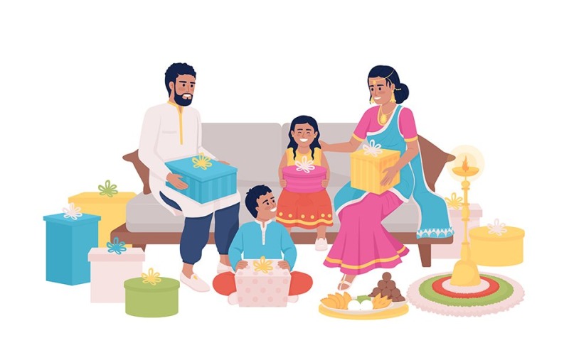 Famille échangeant des cadeaux sur des personnages vectoriels de couleur semi-plat Diwali