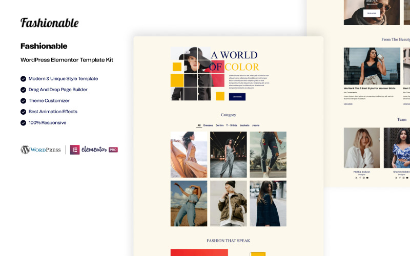 Kit di modelli WordPress Elementor per parole e colori alla moda