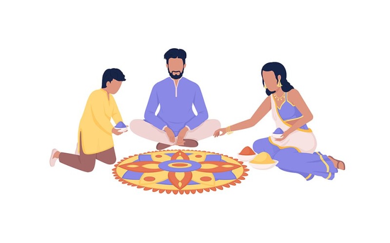 Indische Familie, die Rangoli herstellt, designt halbflache Farbvektorzeichen