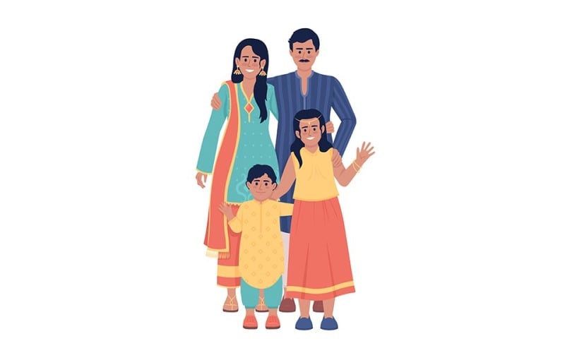 Rodina nosí indické etnické oblečení semi ploché barevné vektorové znaky