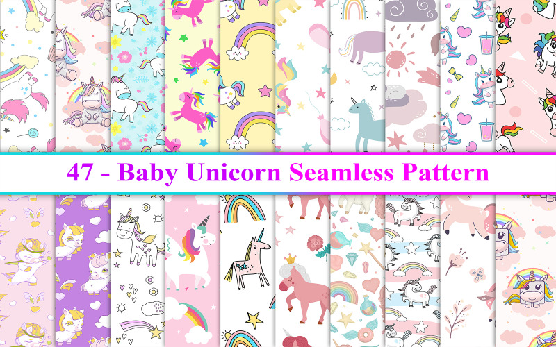 Baby Unicorn sömlösa mönster, Unicorn sömlösa mönster, Unicorn bakgrund