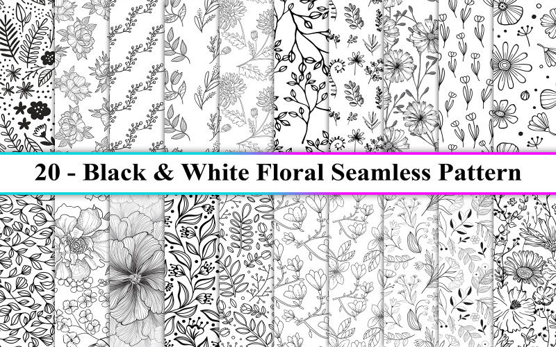Patrón transparente floral negro, fondo floral blanco y negro