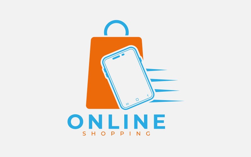 Concetto di design del logo aziendale di e-commerce per la borsa della spesa e lo smartphone
