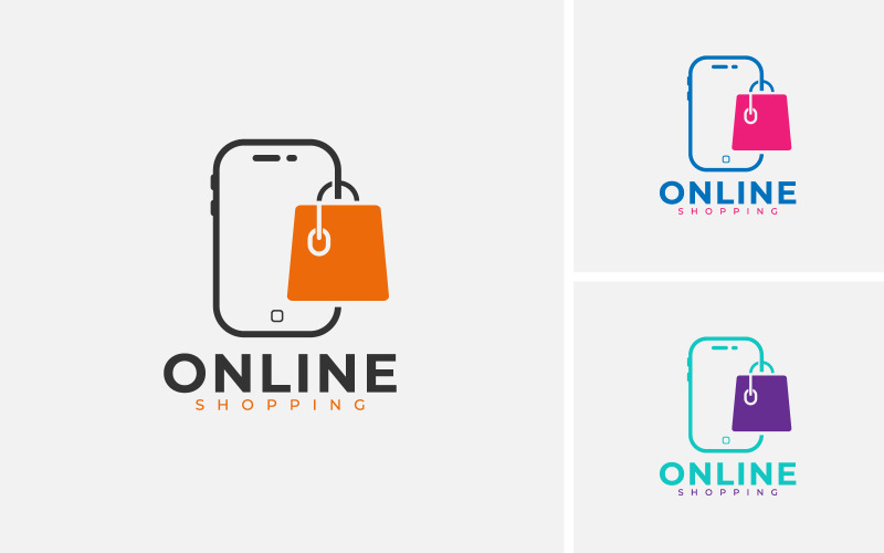 Logo de comércio eletrônico com smartphone, bolsa de mão e design de musa para site ou e-business