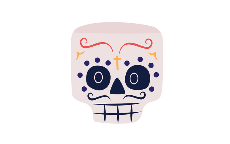 Calavera de azúcar para cara de personaje de vector de color semi plano festival