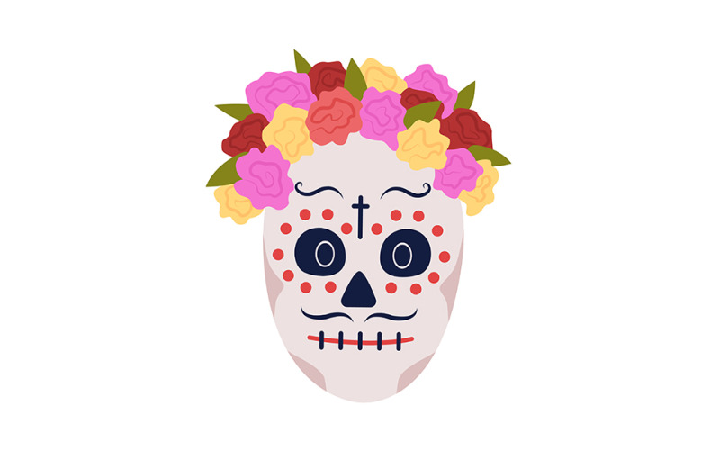 Catrina calavera smink félig lapos színes vektor karakter arc