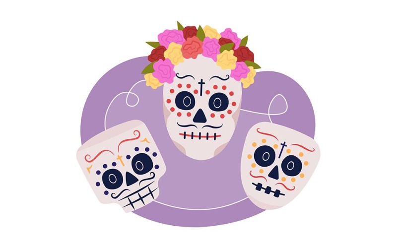 Illustrazione isolata del vettore 2D delle maschere del cranio di Calavera