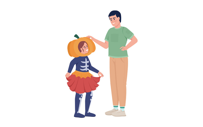 Menina com pai escolhendo fantasia para personagens vetoriais de cores planas de Halloween