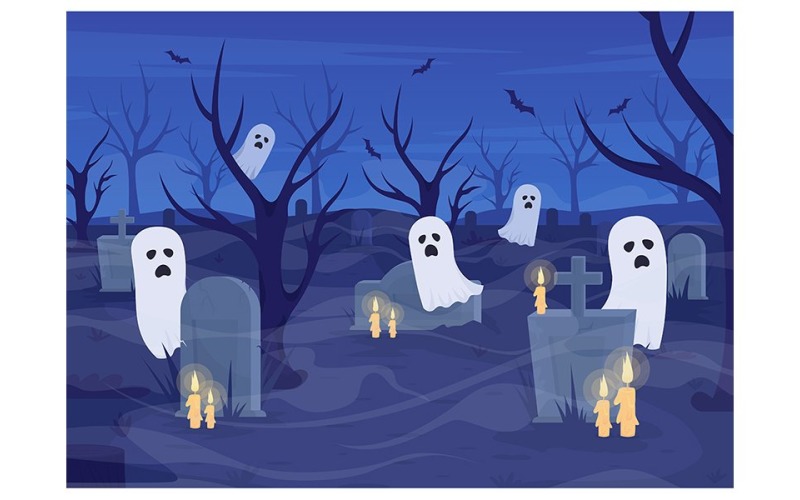 Воющие призраки на кладбище плоской цветовой векторной иллюстрации
