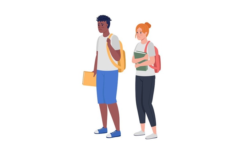 Estudantes chateados com os caracteres vetoriais de cores semi planas de avaliação do exame