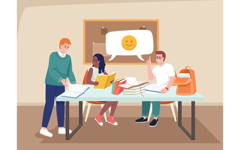 Studenter som arbetar tillsammans på projekt platt färg vektorillustration