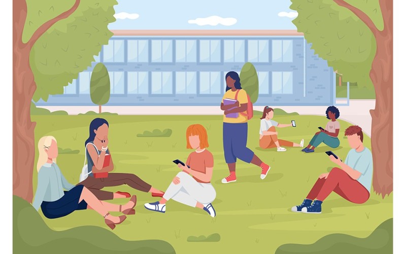 Студенты отдыхают на садовой лужайке возле колледжа с плоской цветовой векторной иллюстрацией