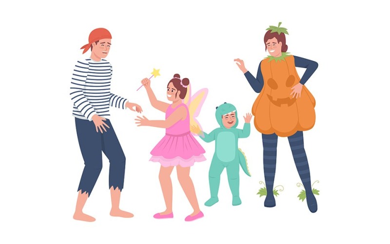 Membros da família se divertindo com personagens vetoriais de cores semi planas