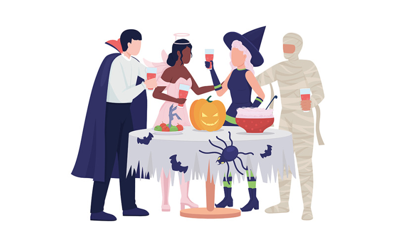 Personagens vetoriais de cores semi planas para convidados da festa de Halloween