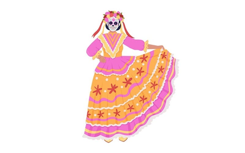 Personnage de vecteur de couleur semi-plat de costume mexicain féminin