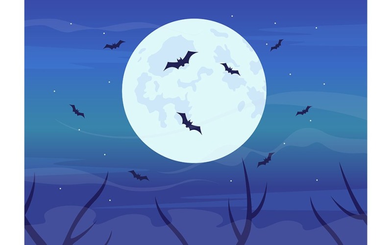 Chauves-souris volant en illustration vectorielle de couleur plate de pleine lune