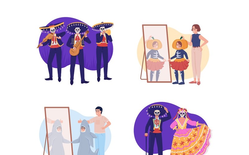 Höstsemester kostymer 2D vektor isolerade illustration set