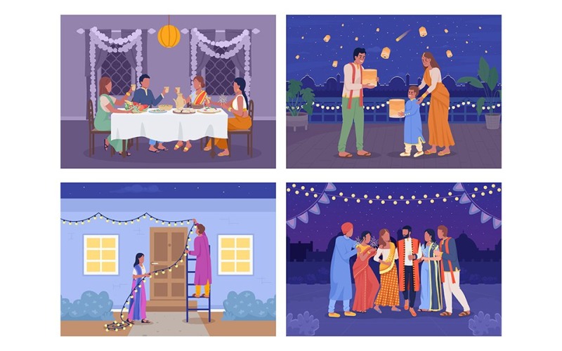 Diwali firande platt färg vektor illustrationer set