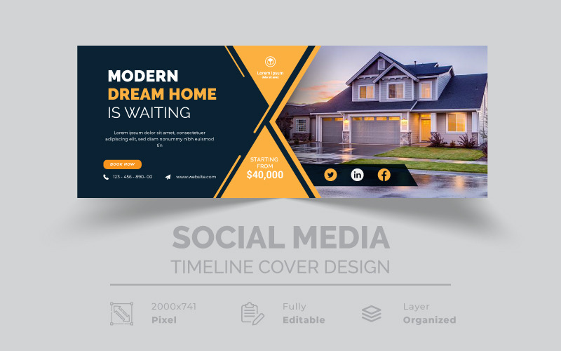 La casa de ensueño moderna está esperando la portada de la línea de tiempo de las redes sociales con estilo en amarillo y negro