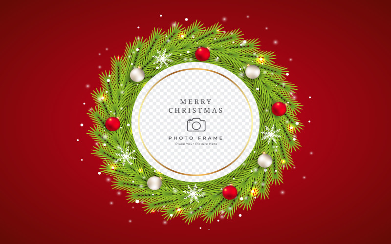 Christmas Photo Frame vector with Green Wreath