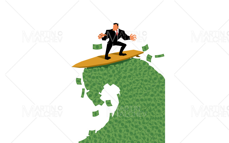 Affärsman Ridning Money Wave på vit vektorillustration