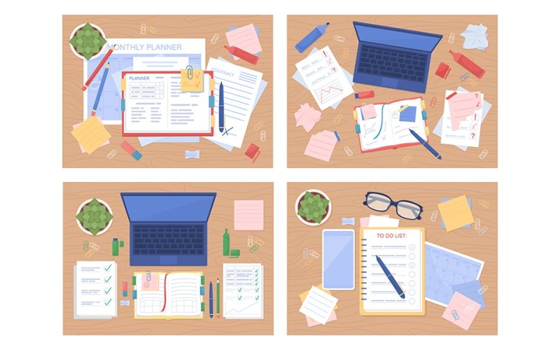 Conjunto de ilustración de vector de color plano de tablespace de estudio