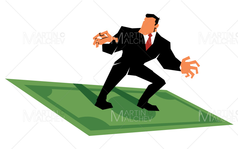 hombre de negocios, equitación, billete de dólar, en, blanco, vector, ilustración