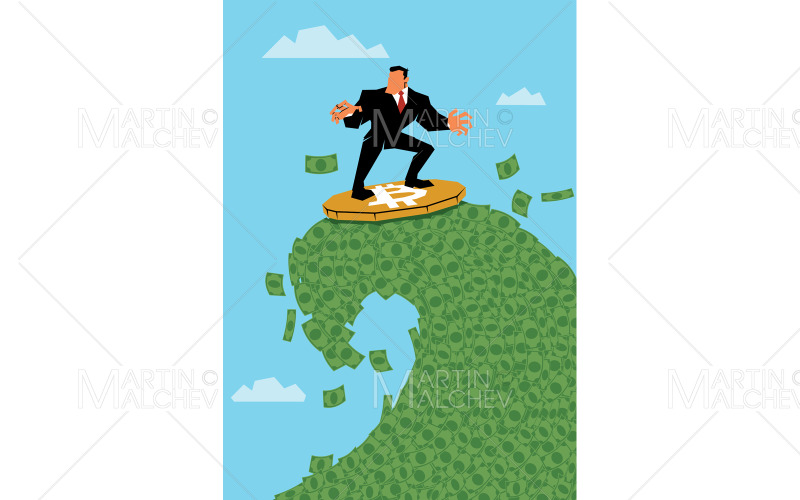 Homme d'affaires surfant Bitcoin sur Fiat Wave Vector Illustration