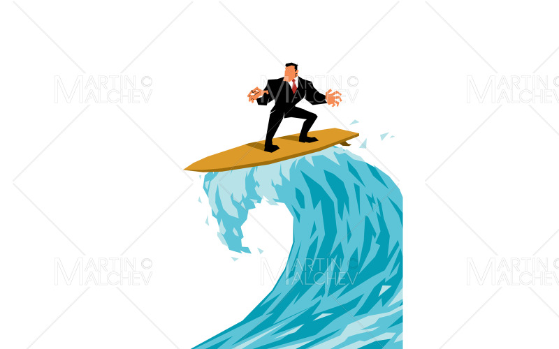Üzletember szörfözés hullámon elszigetelt vektoros illusztráció