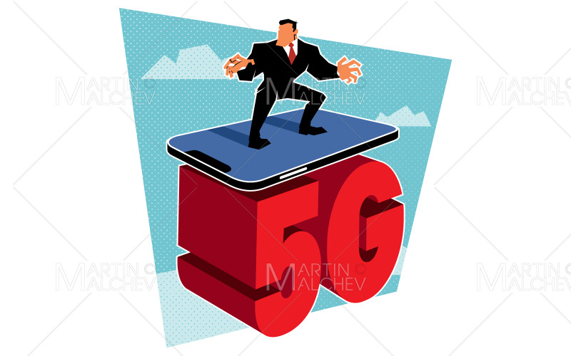 Üzletember szörfözés okostelefon 5g vektoros illusztráció