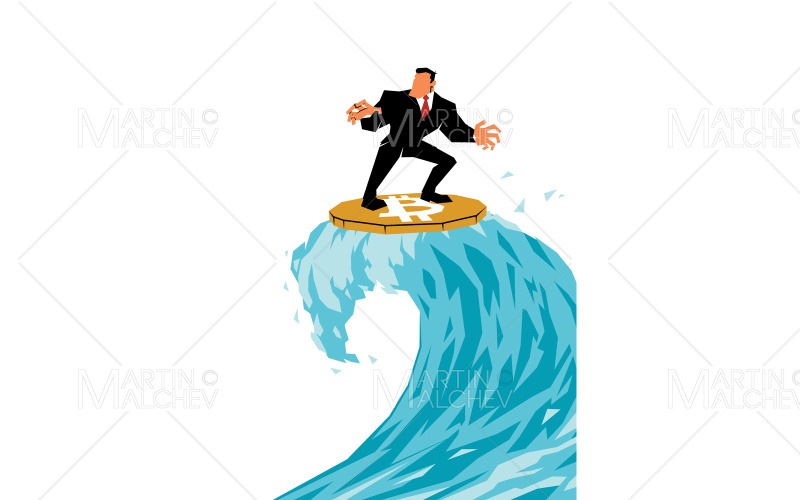 Zakenman surfen op Bitcoin op witte vectorillustratie