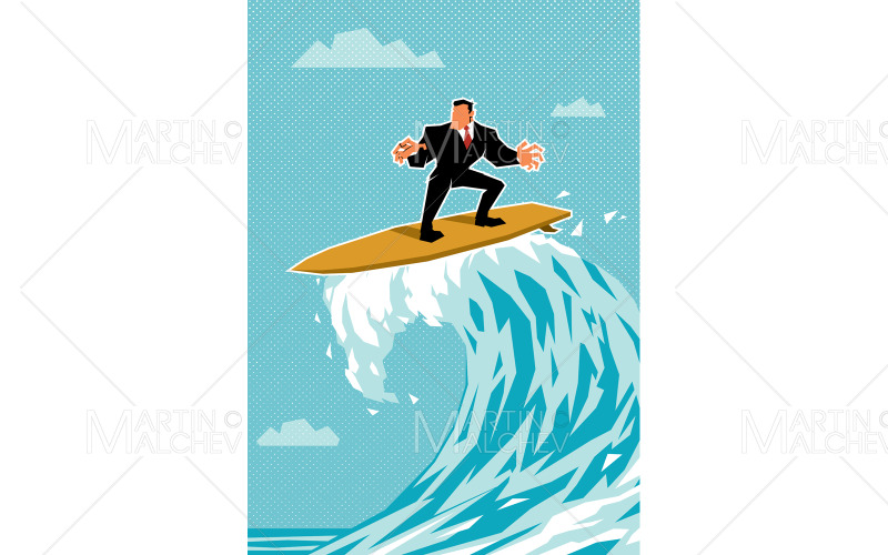 Zakenman surfen op golf vectorillustratie