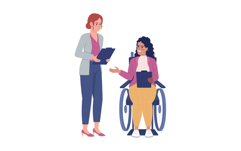 Kollégák megvitatása munka félig lapos színes vektor karakterek