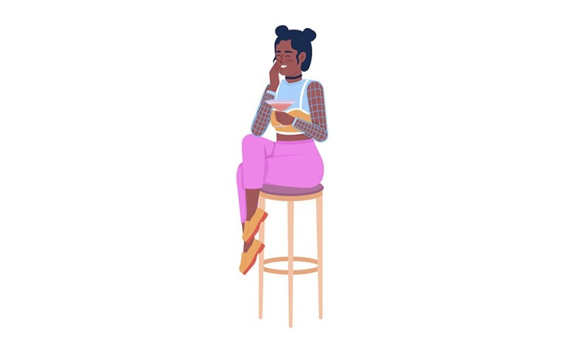Śmiejąca się pani z kieliszkiem wina pół płaski kolor wektor znaków