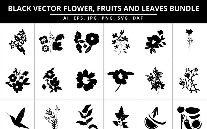 Fekete virág, gyümölcsök és levelek design elemek csomagban