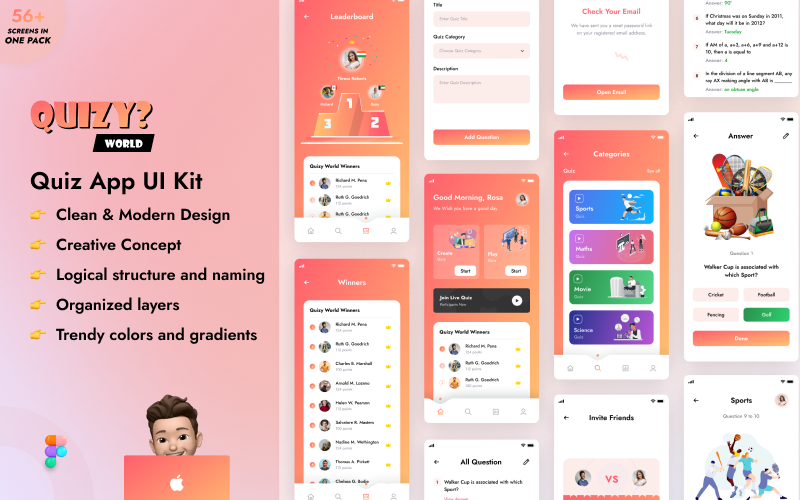 Quizy World – Kvízteszt mobilalkalmazás Figma UI sablon