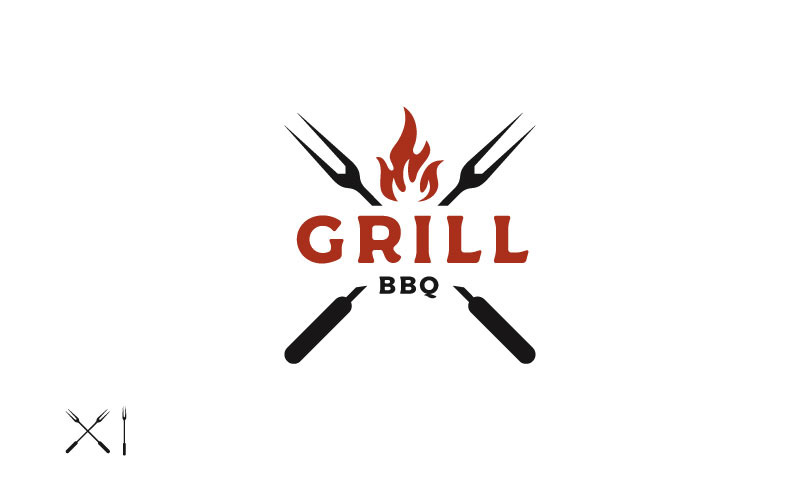 Vintage gril Barbeque Barbecue BBQ se zkříženou vidličkou a designem loga plamene ohně