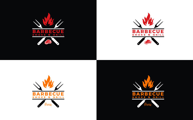 Forchetta incrociata con fuoco e carne per il design del logo del barbecue del barbecue della griglia dell'annata