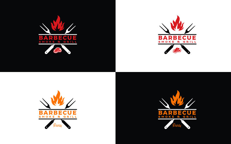 Gekruiste vork met vuur en vlees voor vintage grill barbecue BBQ-logo-ontwerp