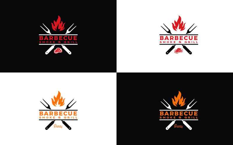 Перекрещенная вилка с огнем и мясом для винтажного гриля, барбекю, барбекю, дизайн логотипа