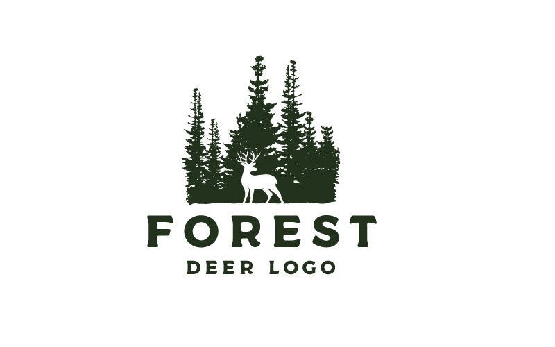 Veado e pinheiro, design de logotipo de aventura de floresta silhueta selvagem