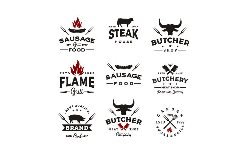 Vintage BBQ Grill, Steak House, Butcher Logo Design Vector Set