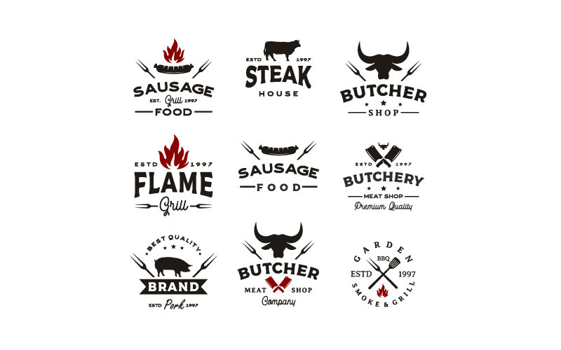 Винтажный гриль-барбекю, стейк-хаус, векторный набор логотипов мясника