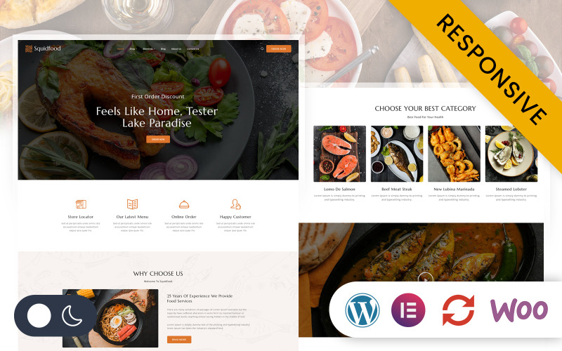 Squidfood - магазин продуктов питания и ресторанов, адаптивная тема Elementor WordPress